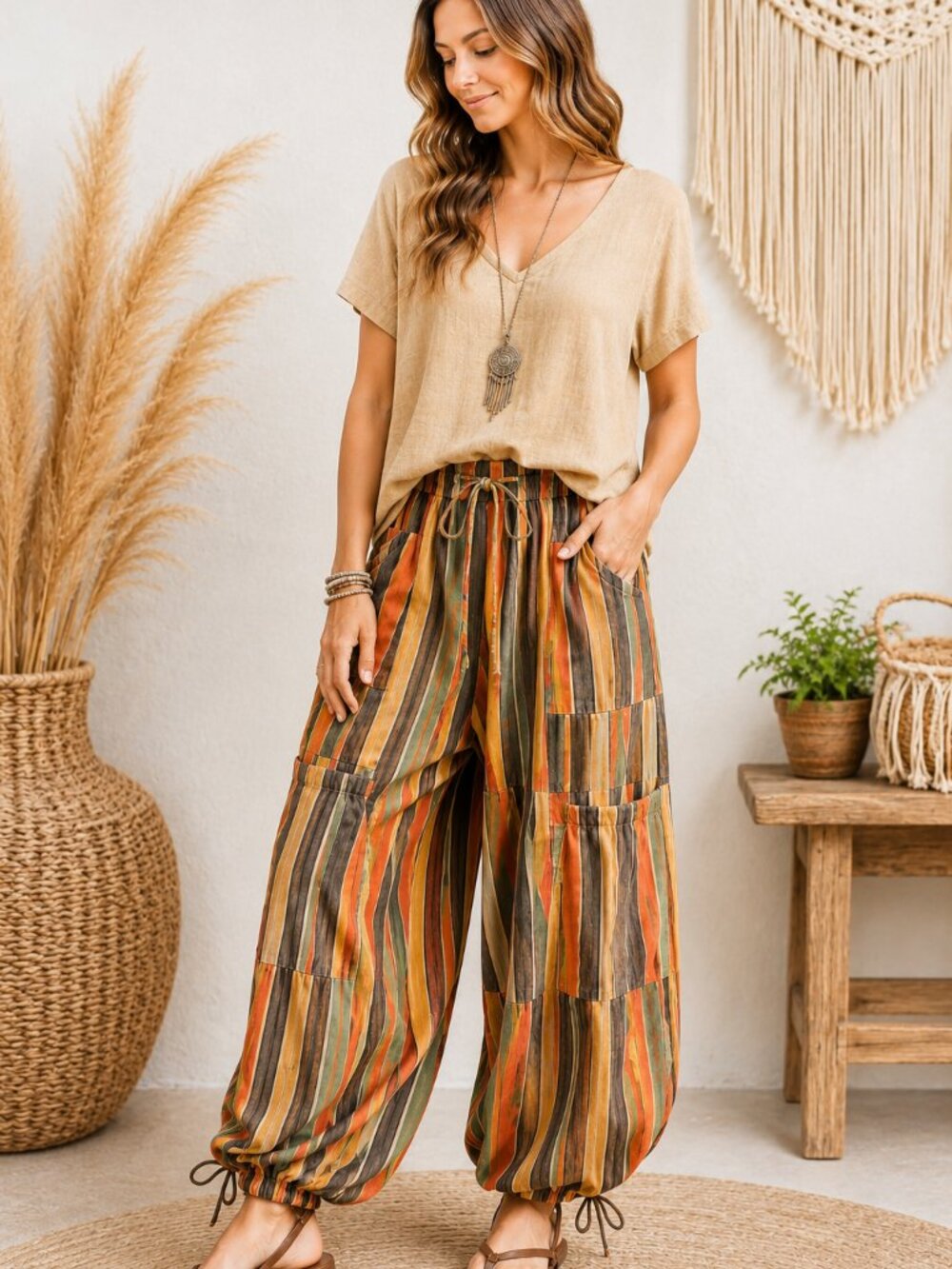 Blue Velvet Wide Leg Striped Cargo Pockets Drawstring Pants - Orange Multi Mediu